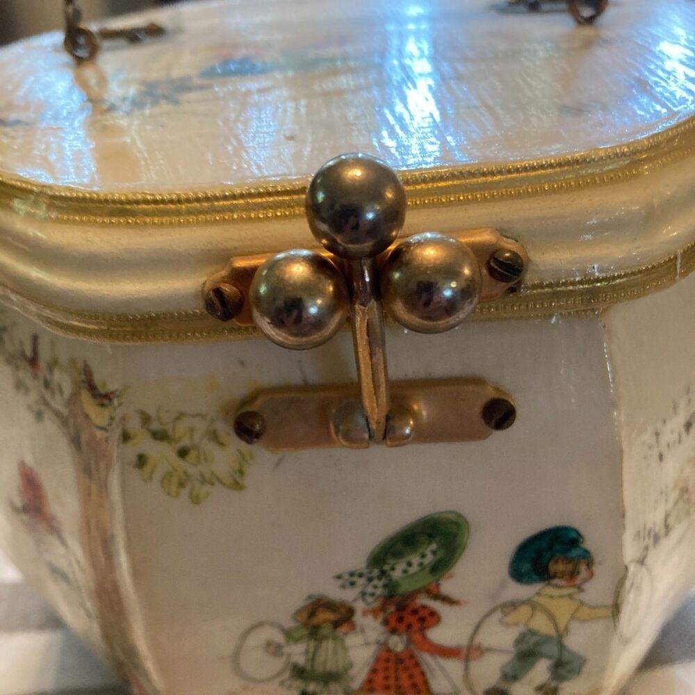 Vtg Judith MerriL Wood Purse Decoupage Children Playing 60's Prothrombin Style - Picture 2 of 12